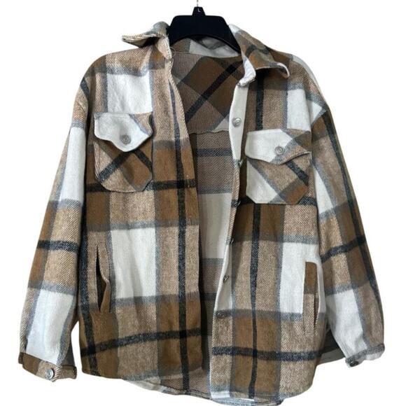 Brown Plaid Flannel Shacket 3/4 Sleeves Button Down Chest Pockets Layering - Picture 1 of 7